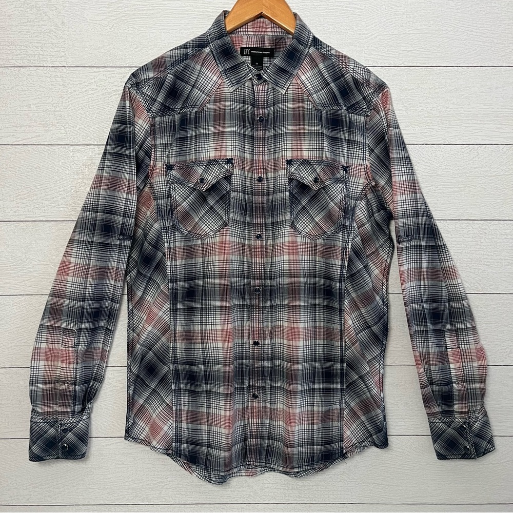 INC International Concepts Navy and Red Plaid Button Up Shirt Size Medium